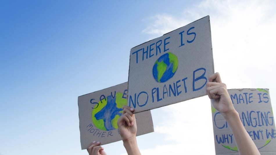 A closeup shot of three climate action protest signs that say “Save Mother Earth,” “There’s No Planet B,” and “Climate Is Changing, Why Aren’t We?”